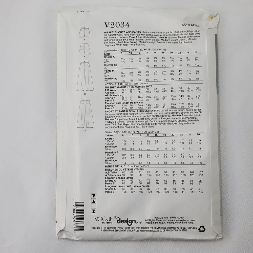Vogue Patterns V2034 Misses Shorts & Pants Sewing Pattern Size B5 8-10-12-14-16
